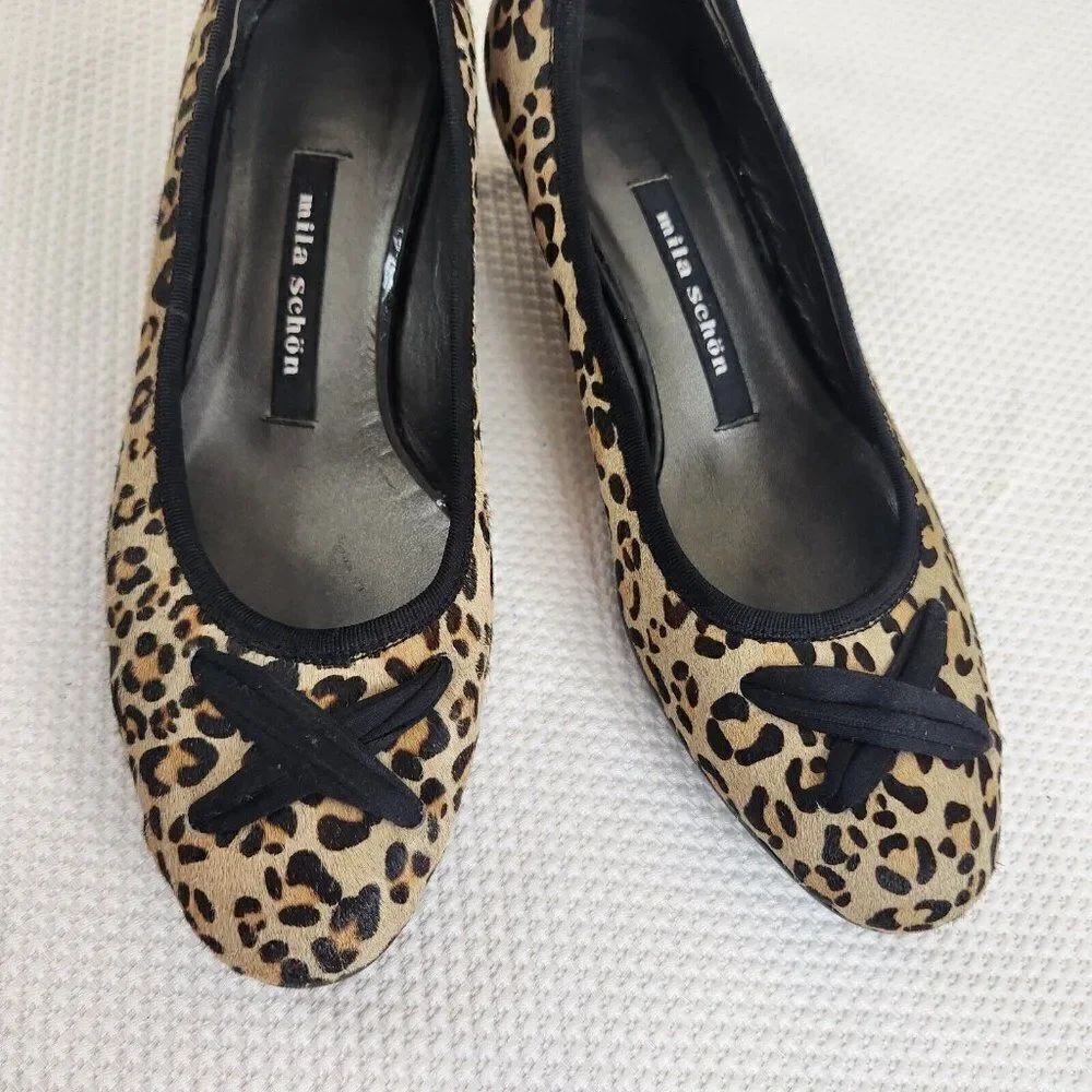 Mila Schon Size 6 Slip On Calf Pony Hair Leopard Shoes Made In Italy Kitten Heel